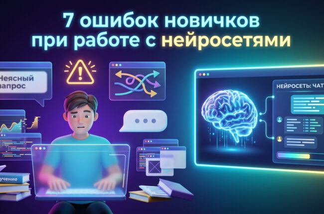 Отображает смысл текста 7 ошибок новичков при работе с нейросетями